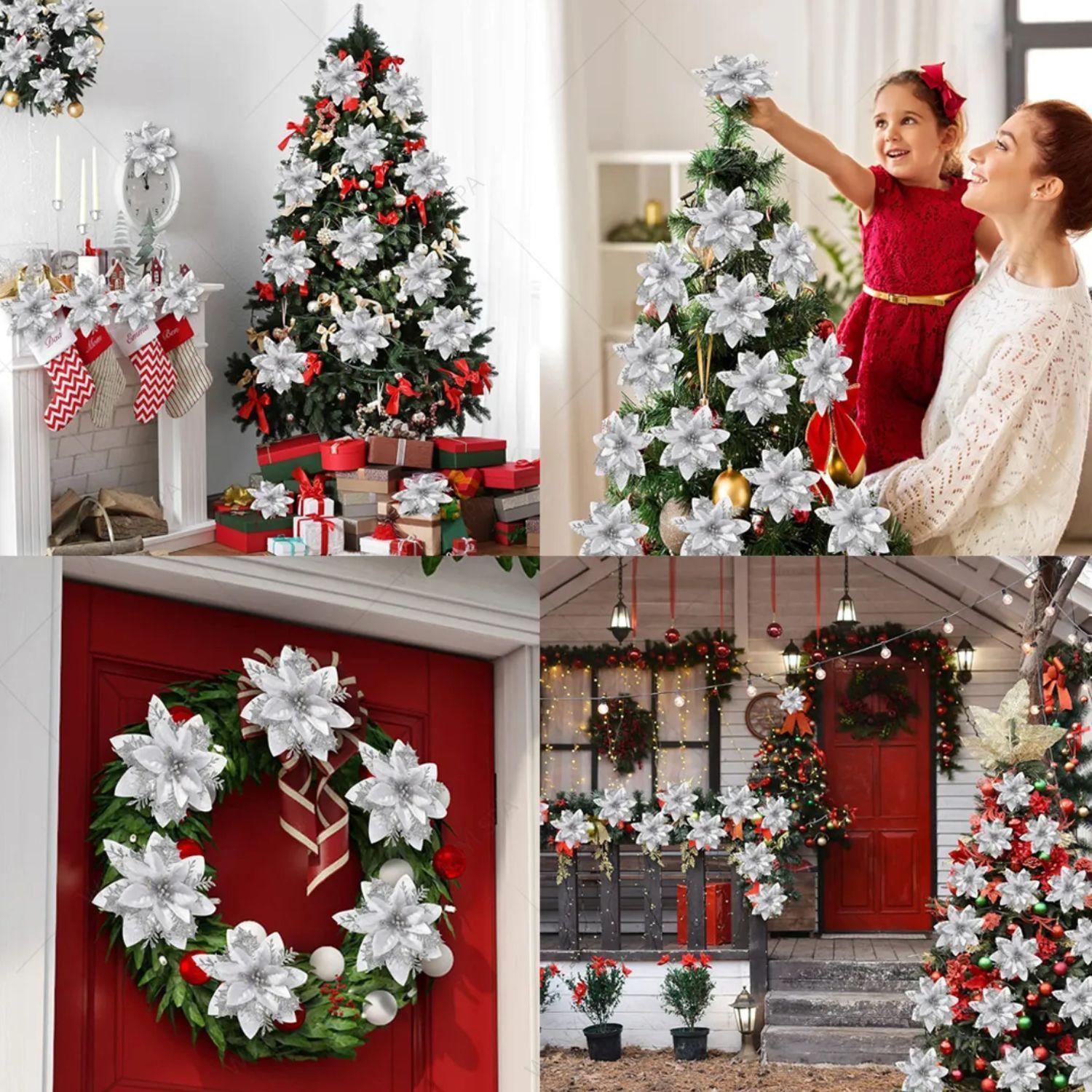 Set 12 Flores Artificiales Arbol Navidad Plateada Decoracion-1