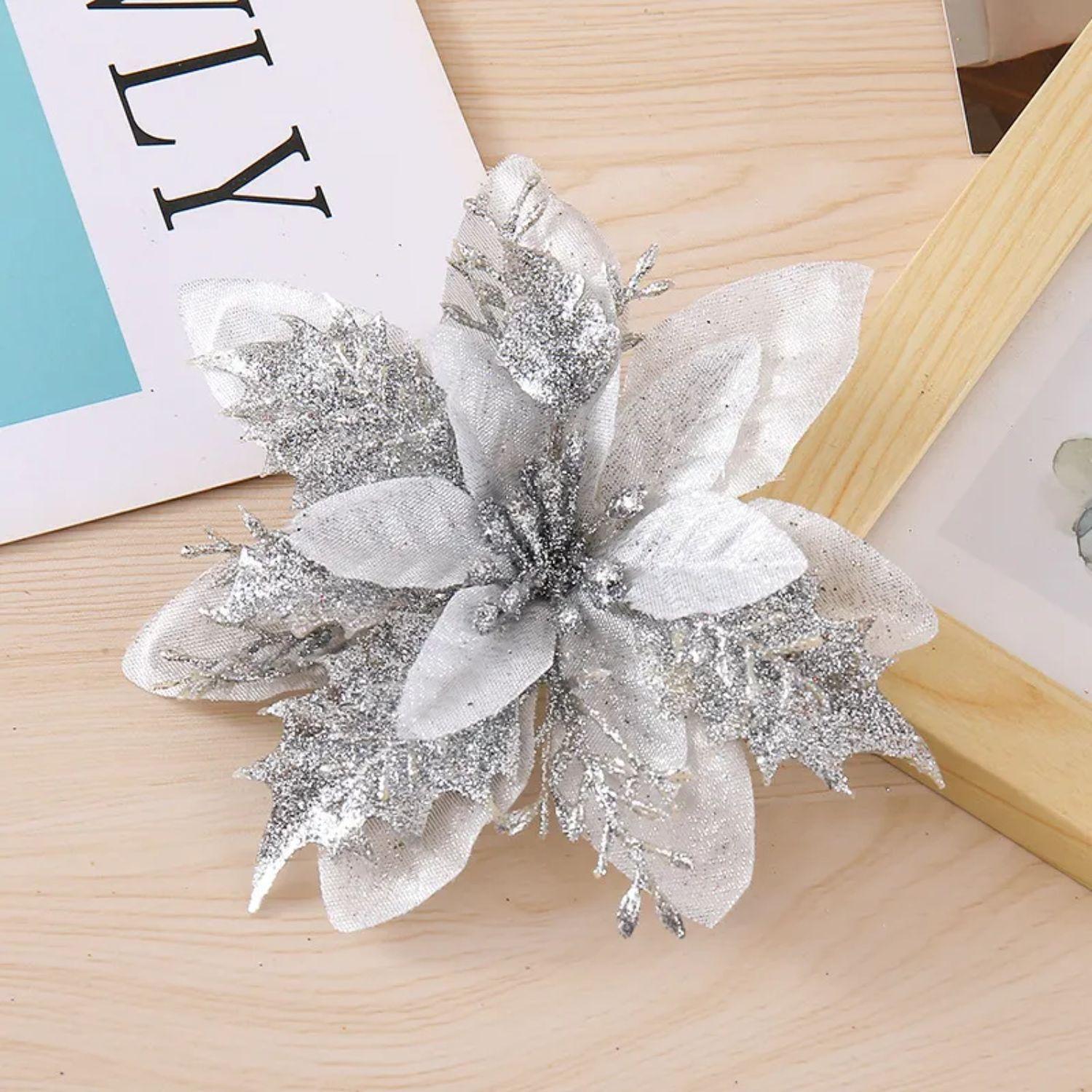 Set 12 Flores Artificiales Arbol Navidad Plateada Decoracion-2