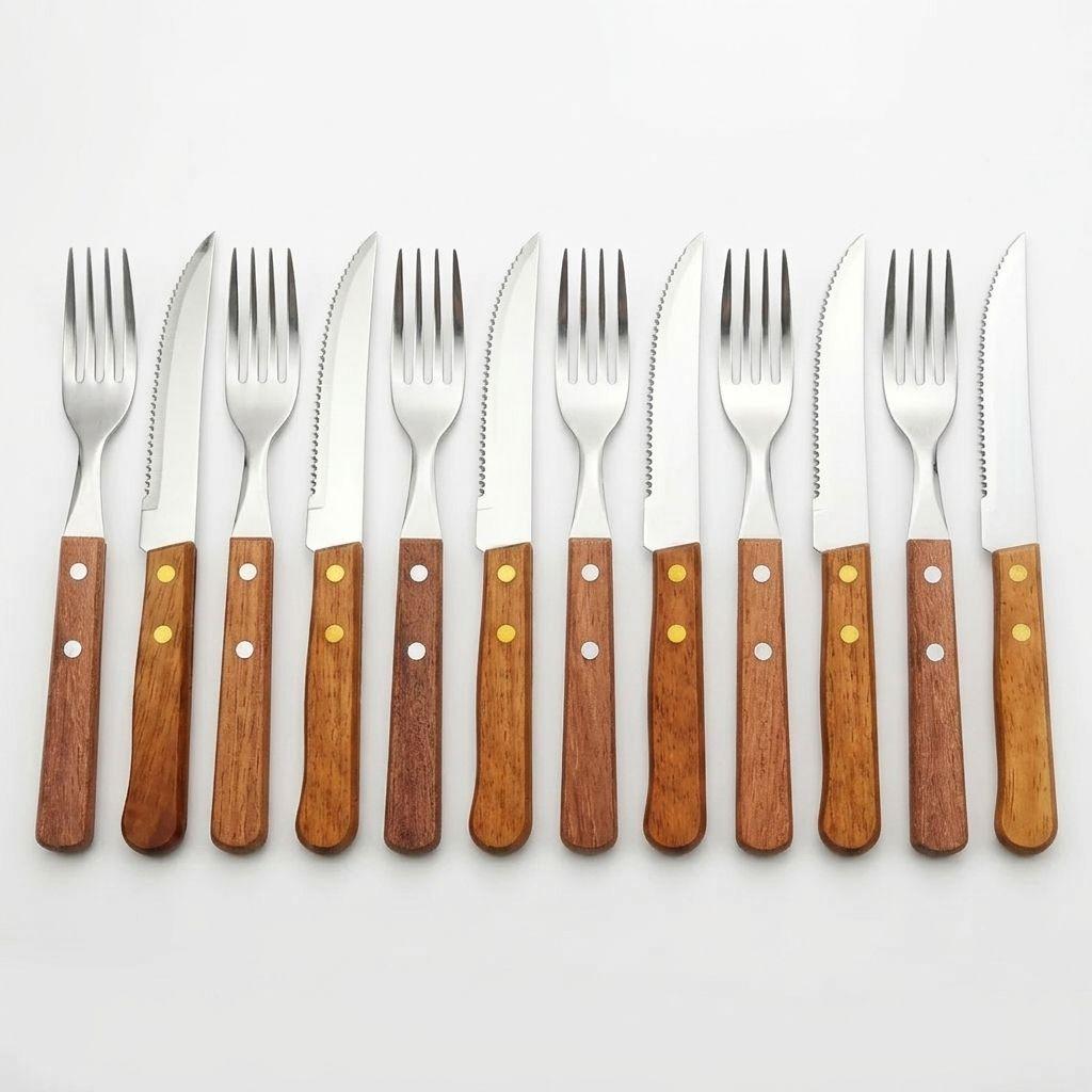 Set 12 Cubiertos Acero Inox Mango Madera Asado Quincho Hogar-0