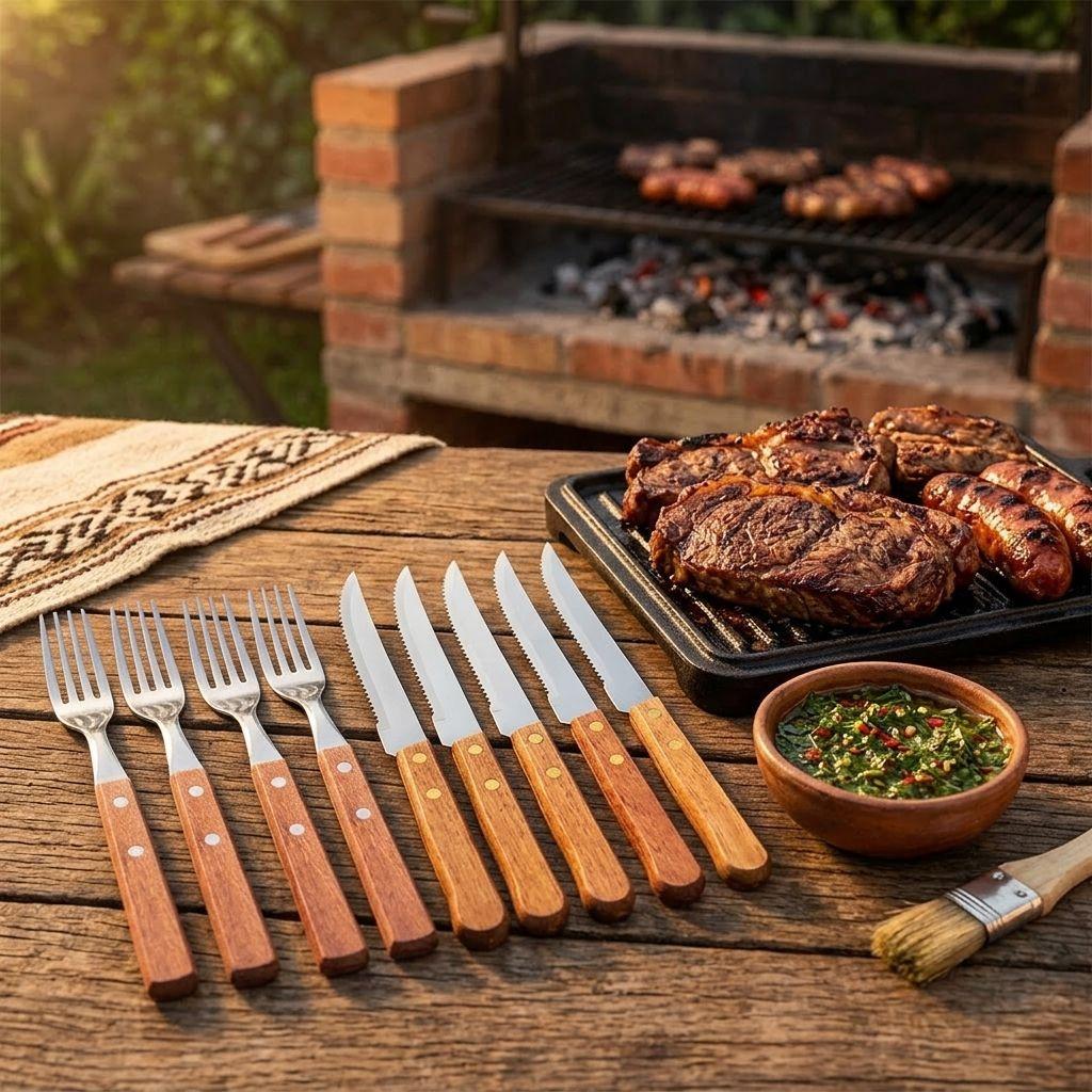 Set 12 Cubiertos Acero Inox Mango Madera Asado Quincho Hogar-3