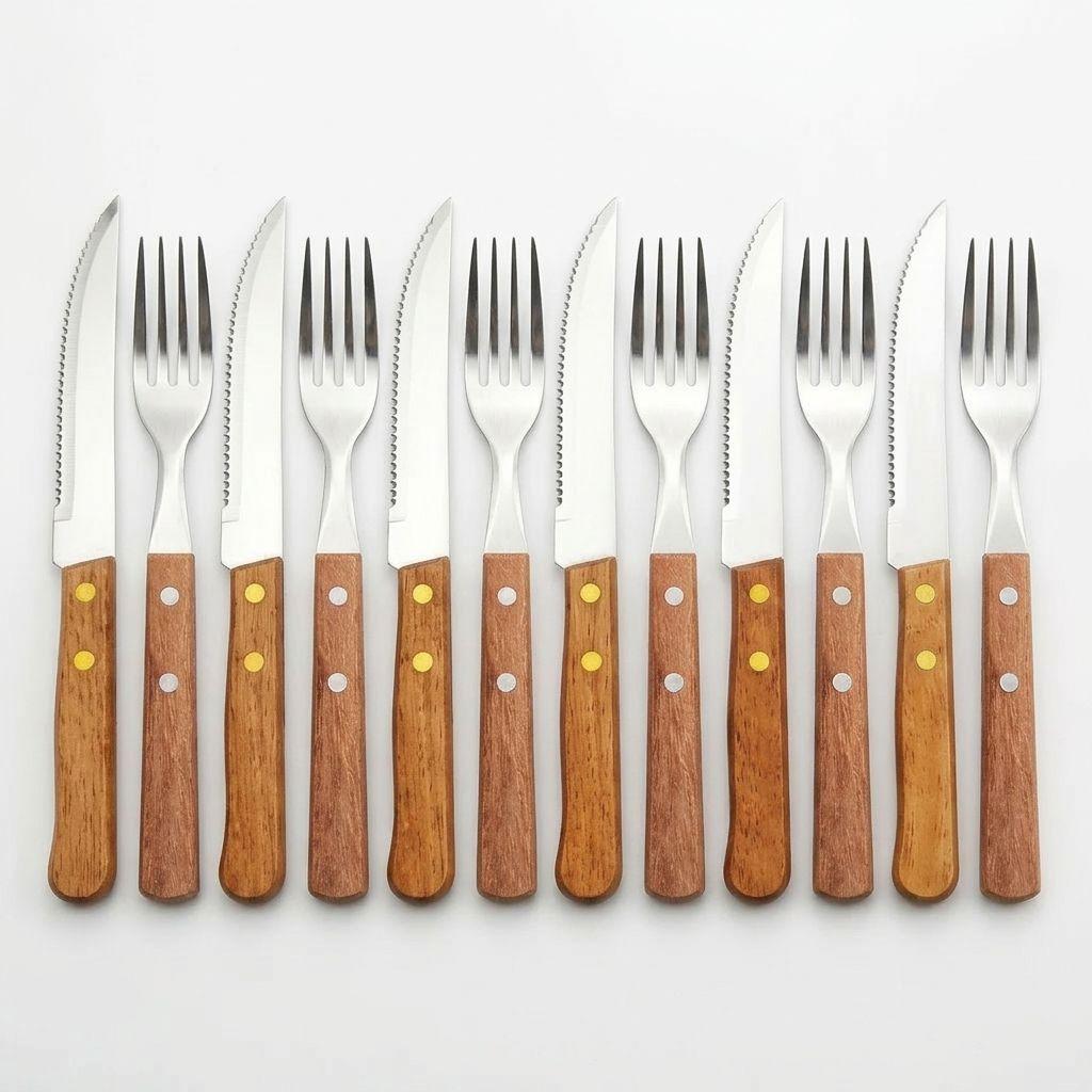Set 12 Cubiertos Acero Inox Mango Madera Asado Quincho Hogar-5