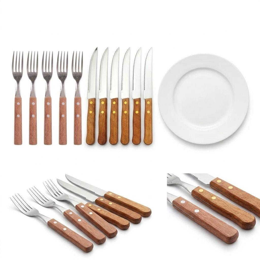 Set 12 Cubiertos Acero Inox Mango Madera Asado Quincho Hogar-6