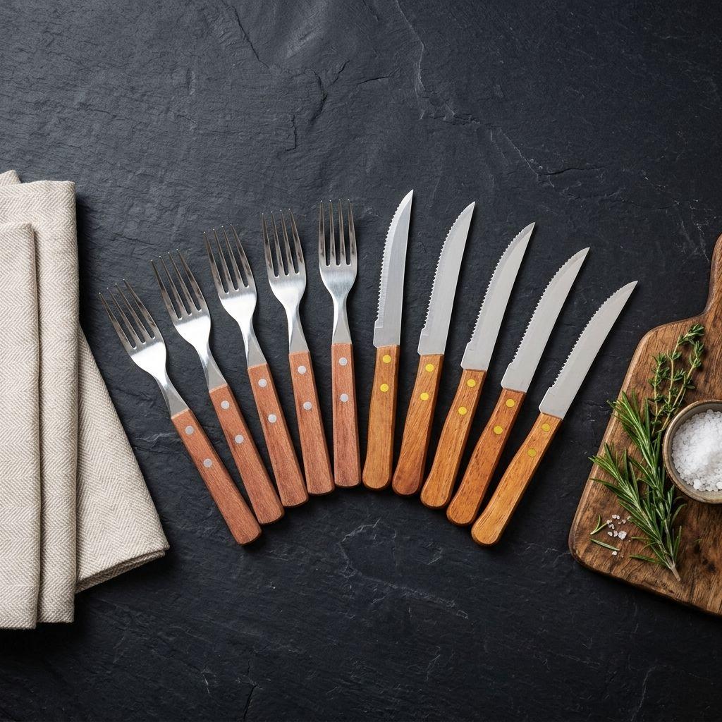 Set 12 Cubiertos Acero Inox Mango Madera Asado Quincho Hogar-7