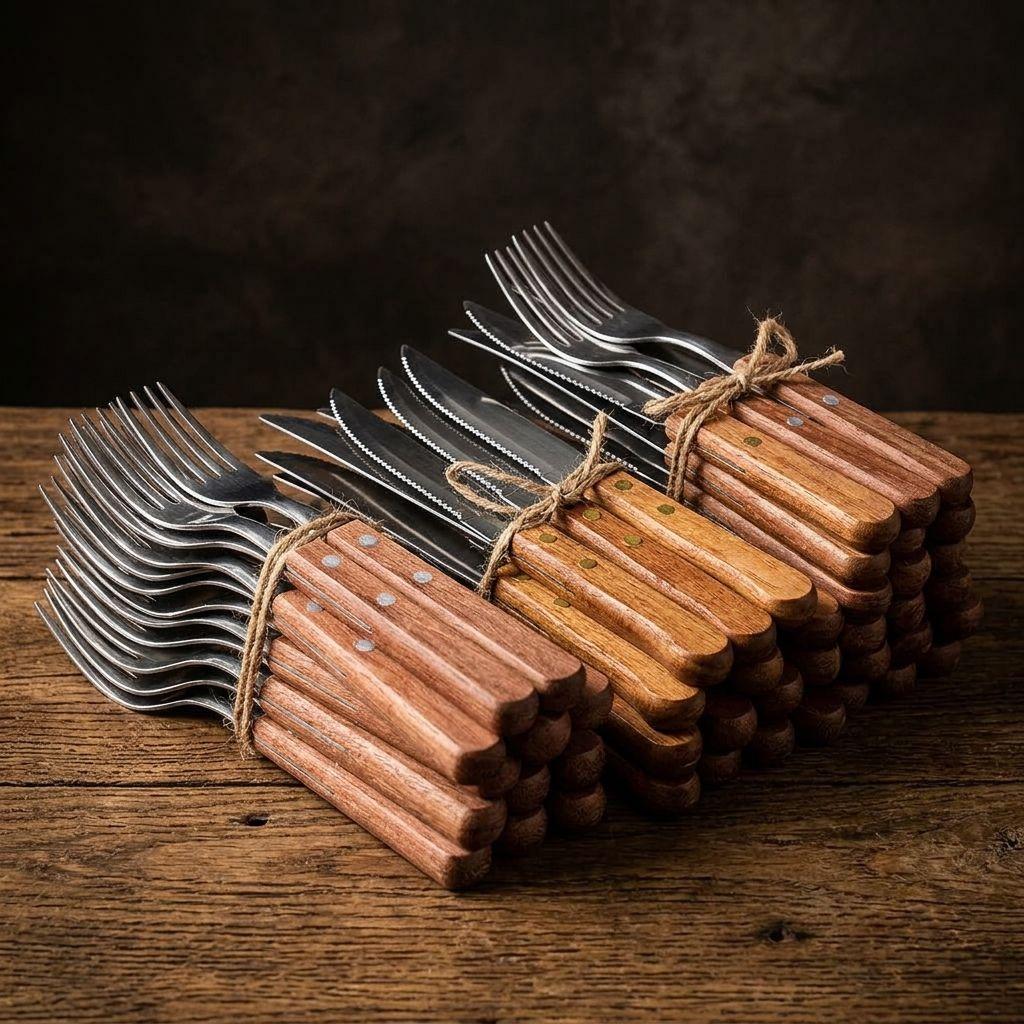 Set 12 Cubiertos Acero Inox Mango Madera Asado Quincho Hogar-9