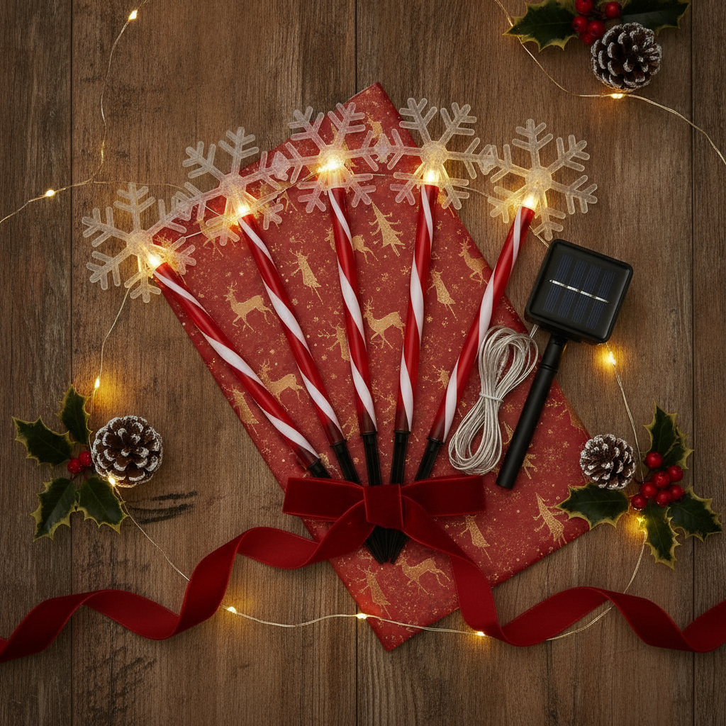 Set 5 Estacas Solares Navidad Copo Nieve LED Jardín 25cm-6