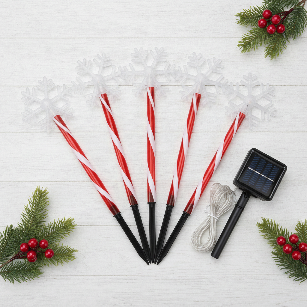 Set 5 Estacas Solares Navidad Copo Nieve LED Jardín 25cm-7