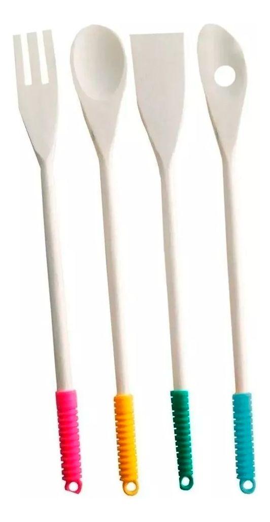 Set 4 Utensilios de Cocina 32 cm Bambu Bamboo Mango Plastico-0