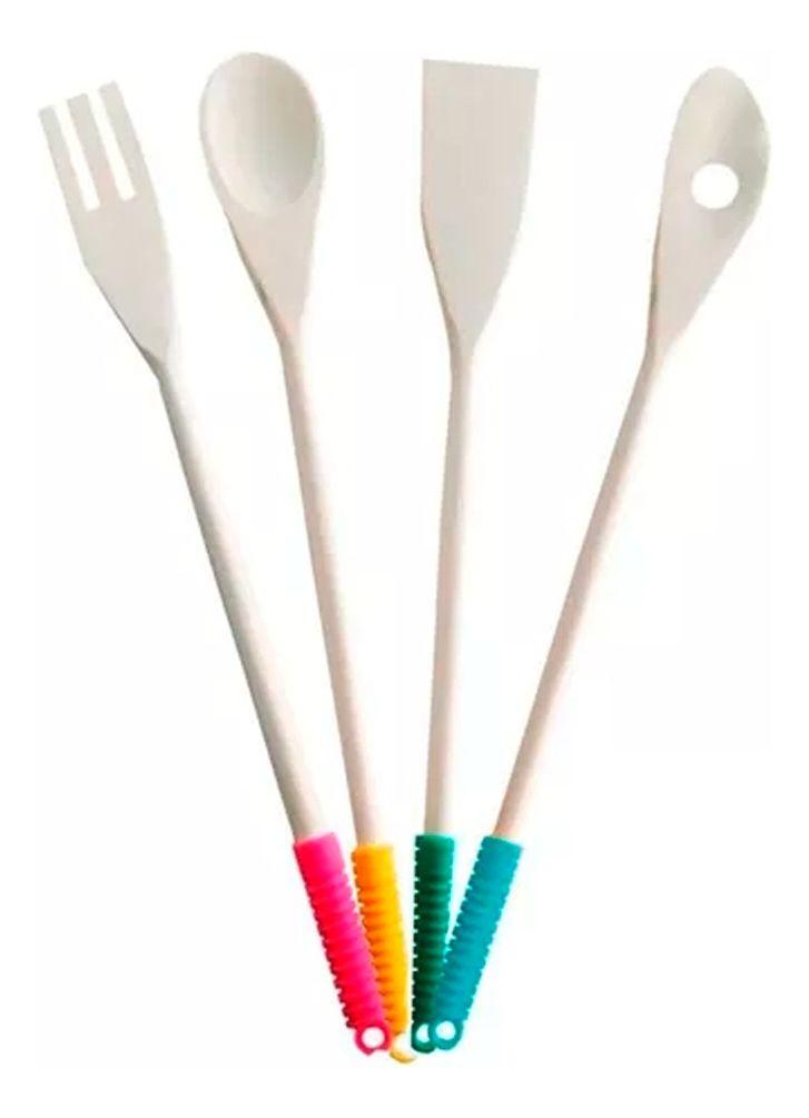 Set 4 Utensilios de Cocina 32 cm Bambu Bamboo Mango Plastico-1