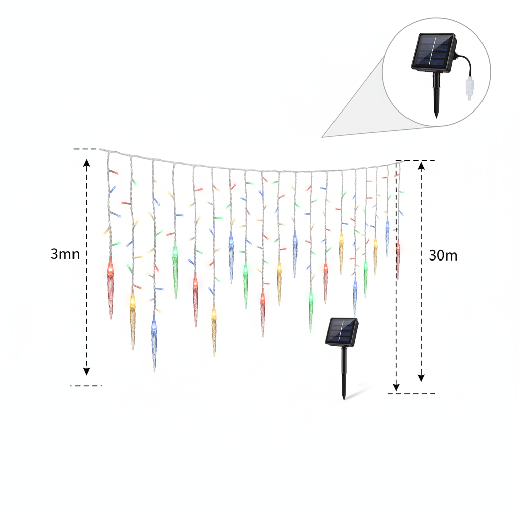 Cortina Luces Solar 3m 100 LED Multicolor Carámbano Navidad-8
