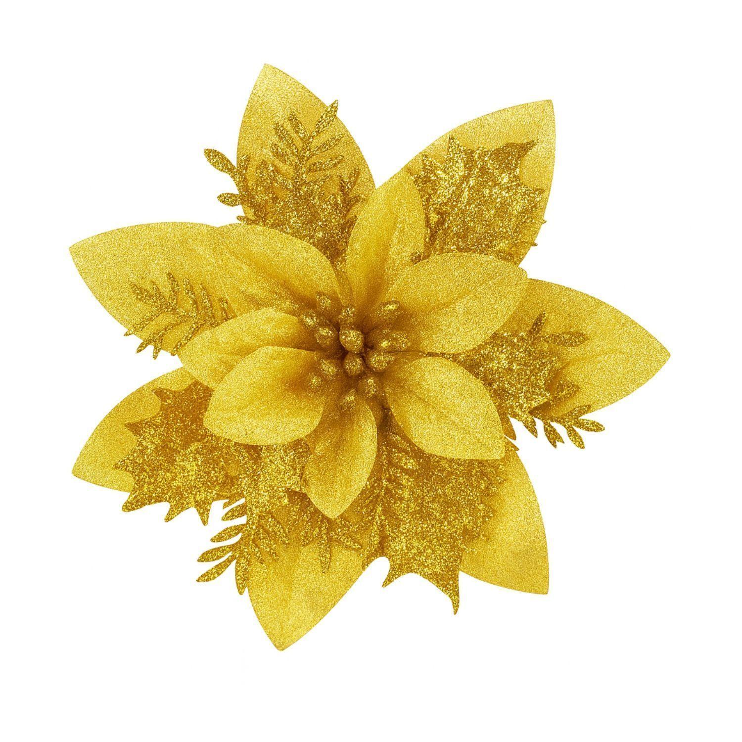 Set 12 Flores Artificiales Arbol Navidad Dorado Decoracion-0