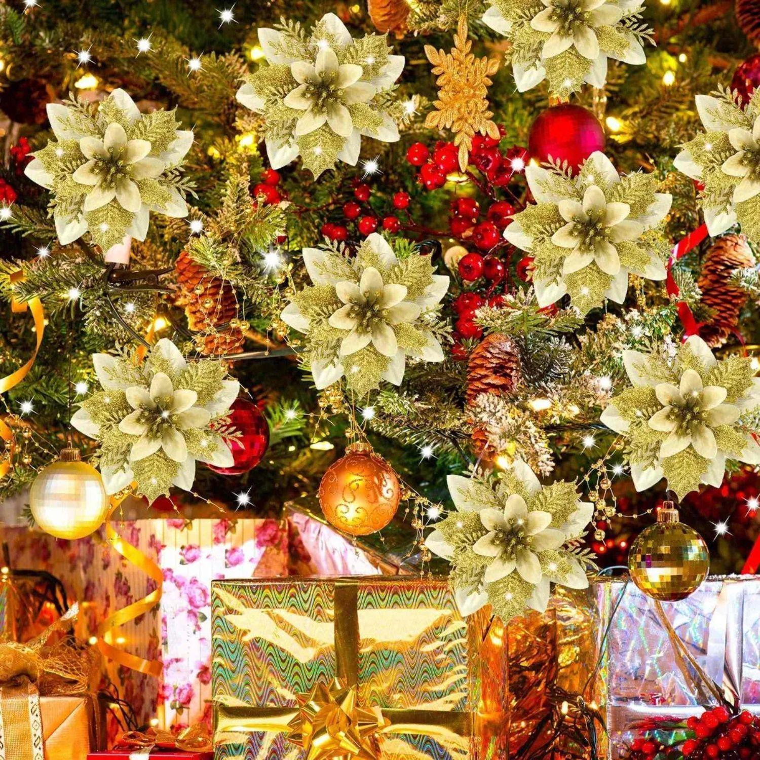 Set 12 Flores Artificiales Arbol Navidad Dorado Decoracion-1