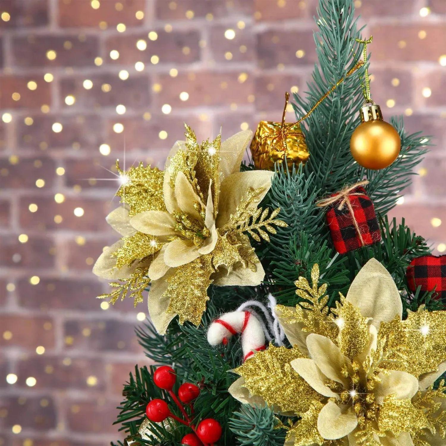 Set 12 Flores Artificiales Arbol Navidad Dorado Decoracion-2