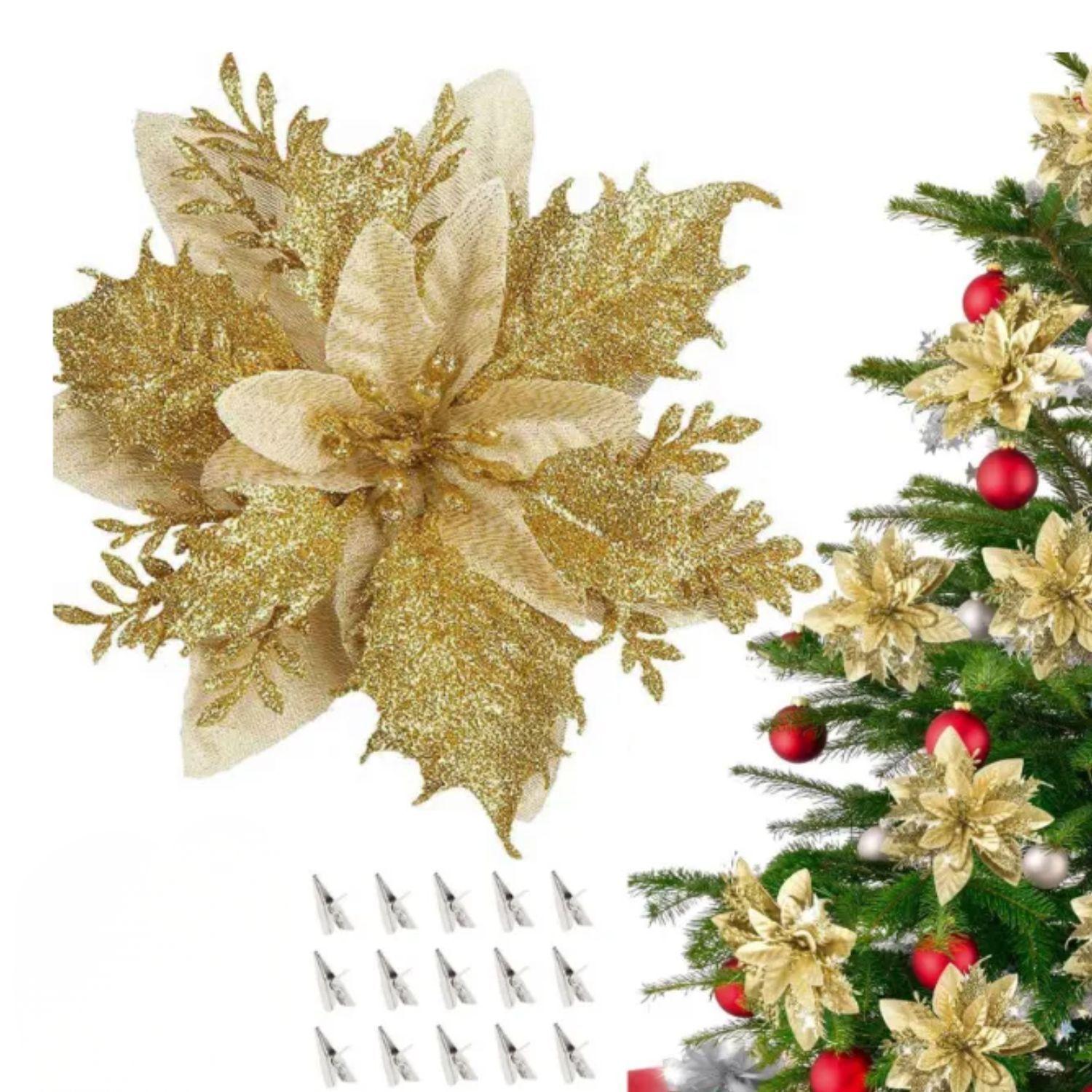 Set 12 Flores Artificiales Arbol Navidad Dorado Decoracion-3