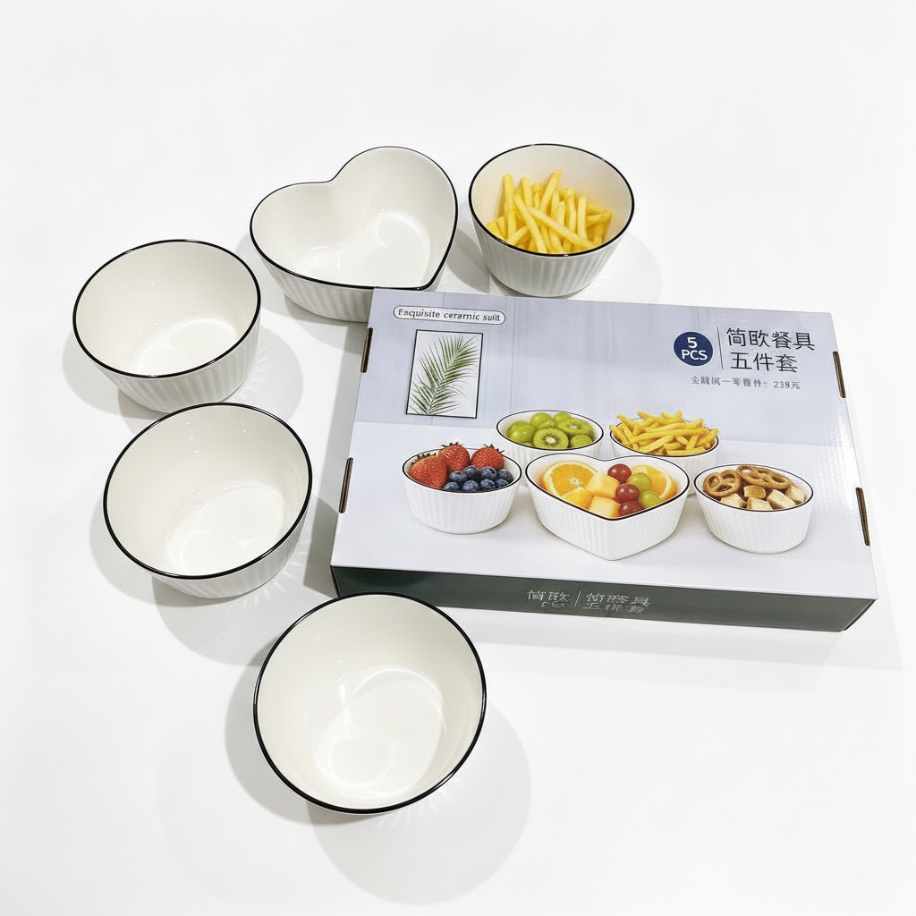 Set Bowl Ceramica 5 Piezas Bowls Blancos Corazon Cocina-0