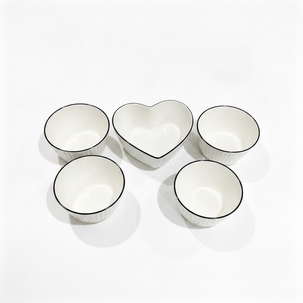 Set Bowl Ceramica 5 Piezas Bowls Blancos Corazon Cocina-5