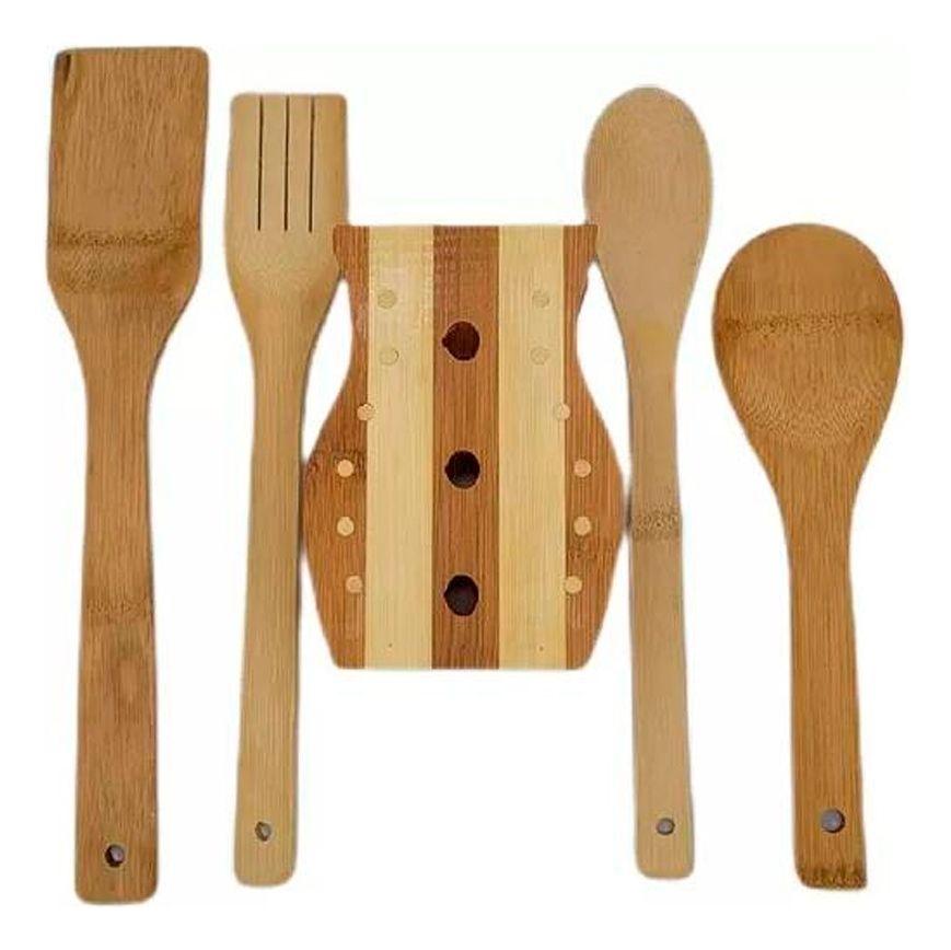 Set Juego de 5 Piezas De Bambu Utensilios De Madera Cuadrado-0