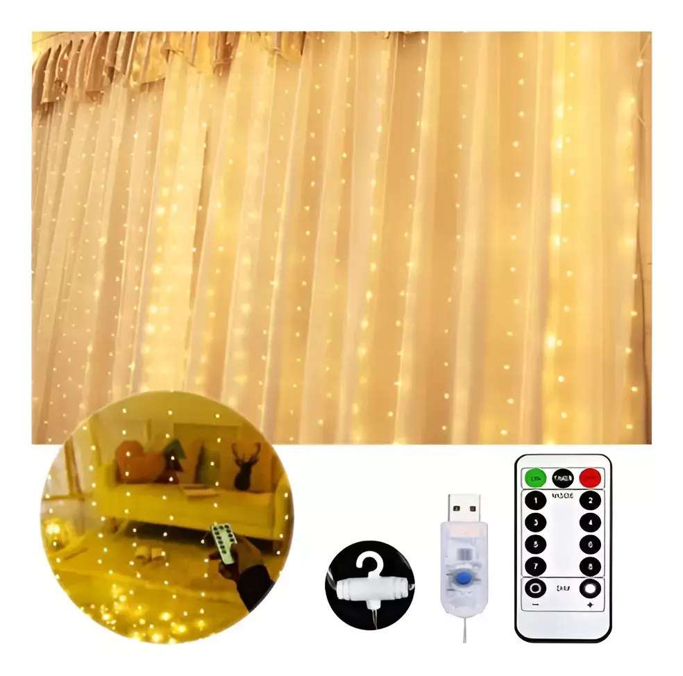 Cortina Luces LED 3x3m 300 LED USB Control Remoto Cálida-0