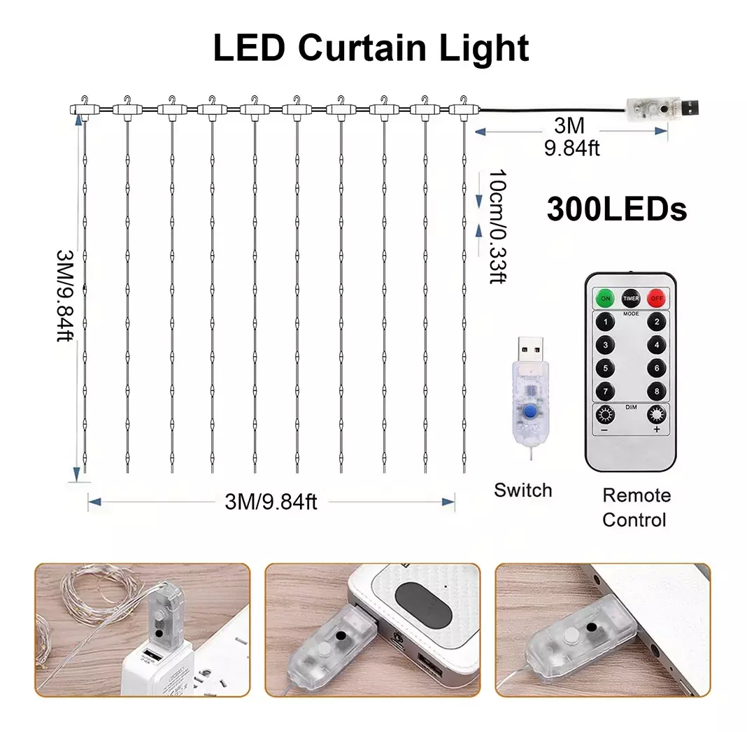 Cortina Luces LED 3x3m 300 LED USB Control Remoto Cálida-4