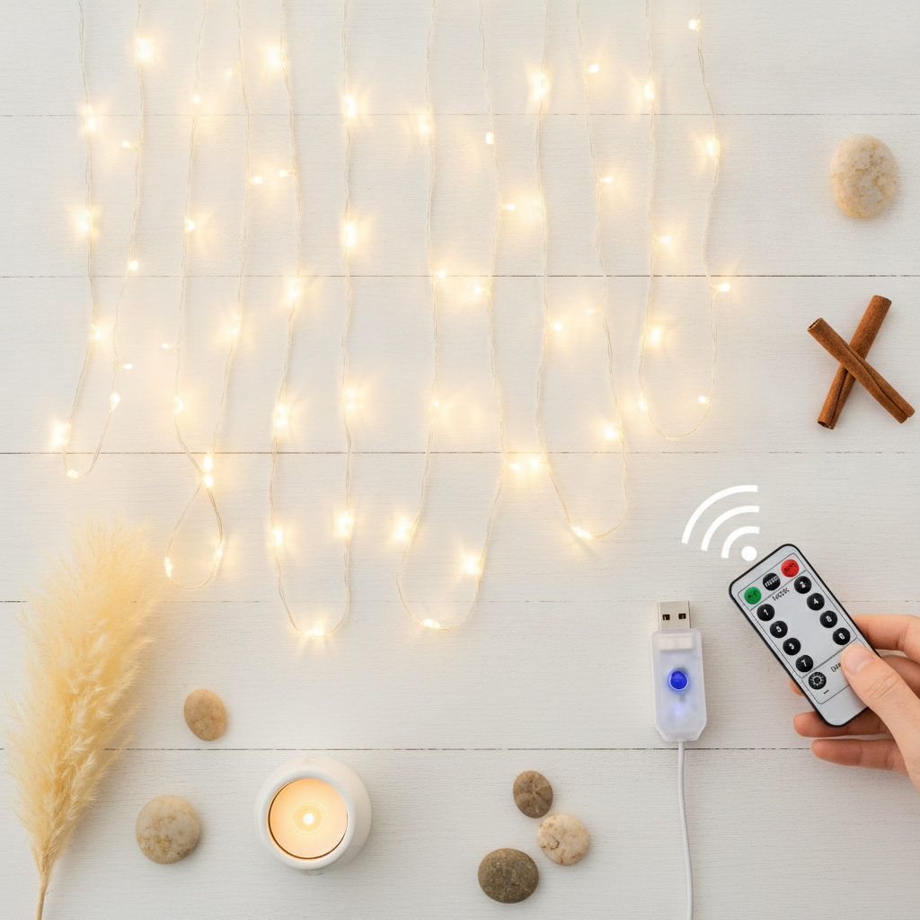 Cortina Luces LED 3x3m 300 LED USB Control Remoto Cálida-9
