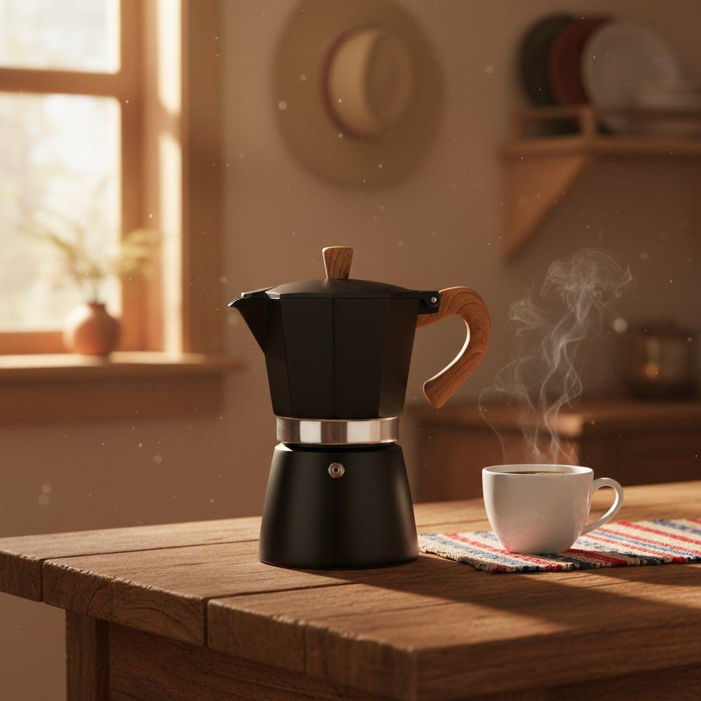 Cafetera Moka 6 Tazas Negra Acero Mango Madera-1