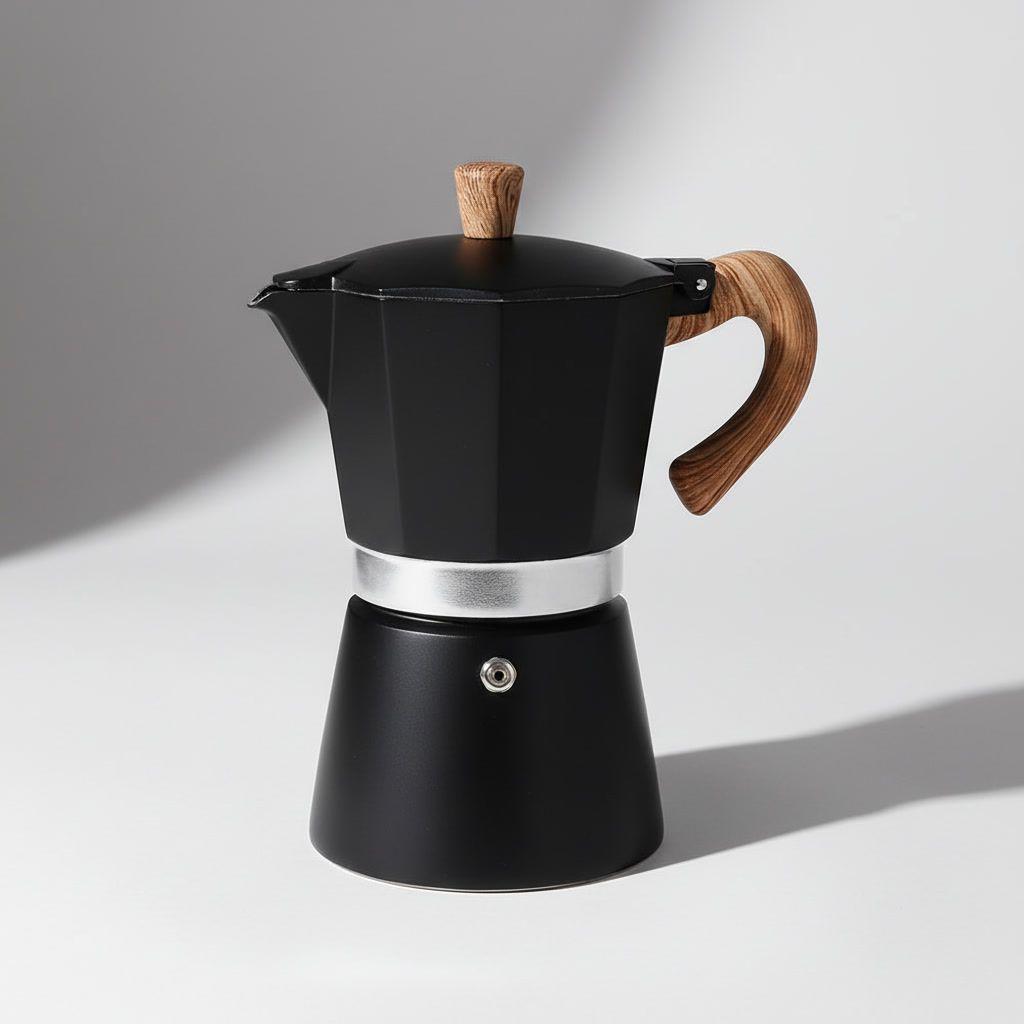 Cafetera Moka 6 Tazas Negra Acero Mango Madera-2