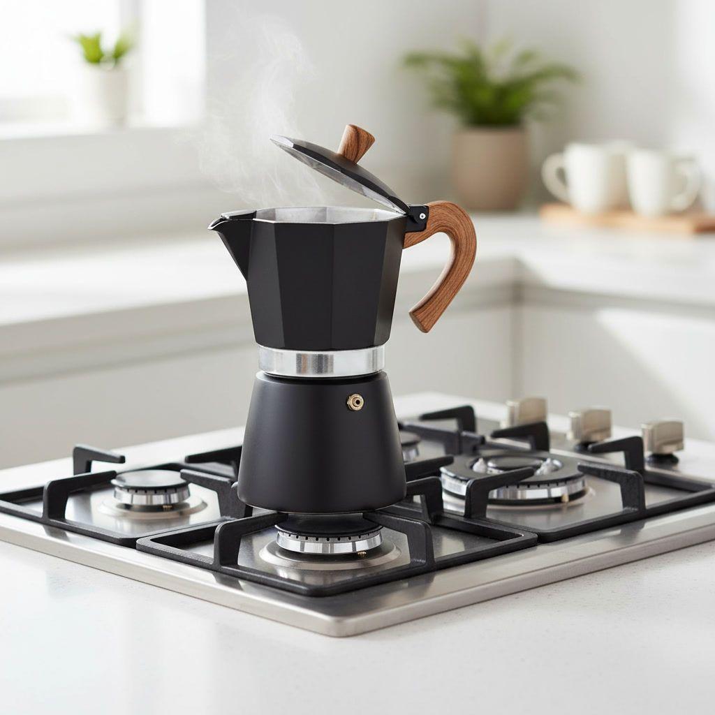 Cafetera Moka 6 Tazas Negra Acero Mango Madera-3