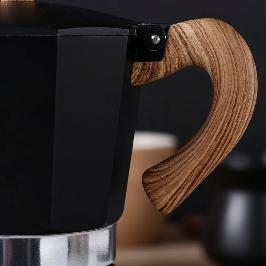 Cafetera Moka 6 Tazas Negra Acero Mango Madera-4
