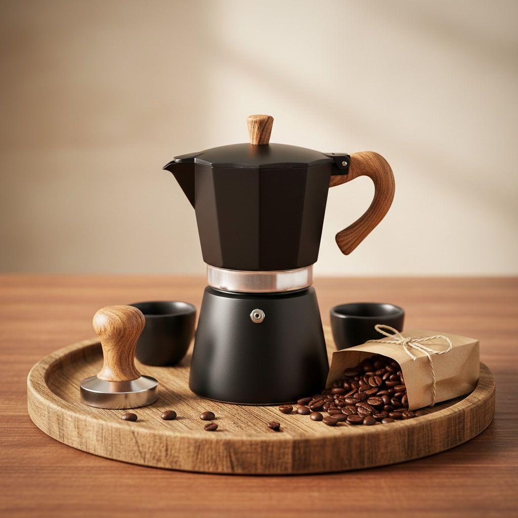 Cafetera Moka 6 Tazas Negra Acero Mango Madera-6