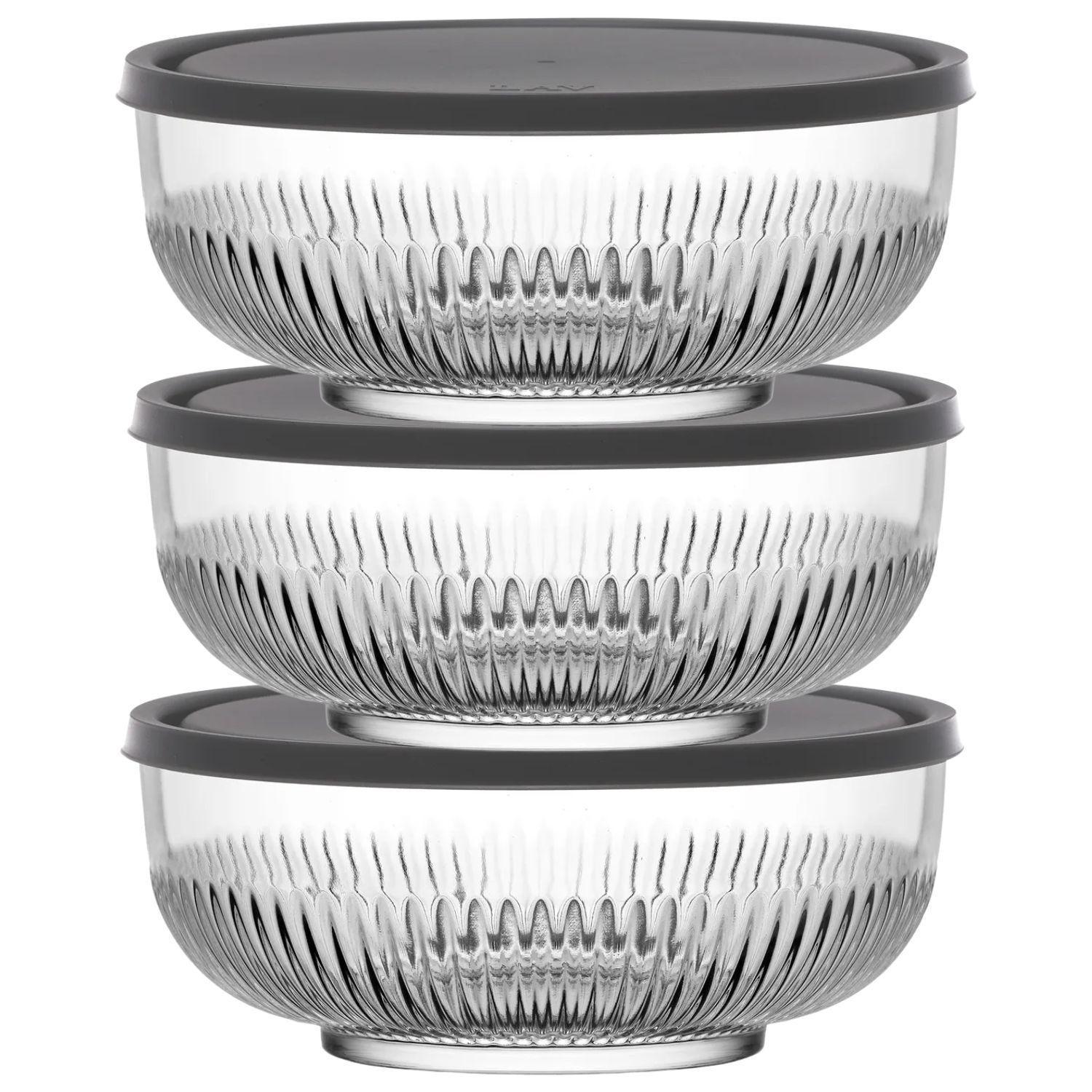 Set 3 Bowls Tazon 500mL Ensaladera De Vidrio Con Tapa Gris-0