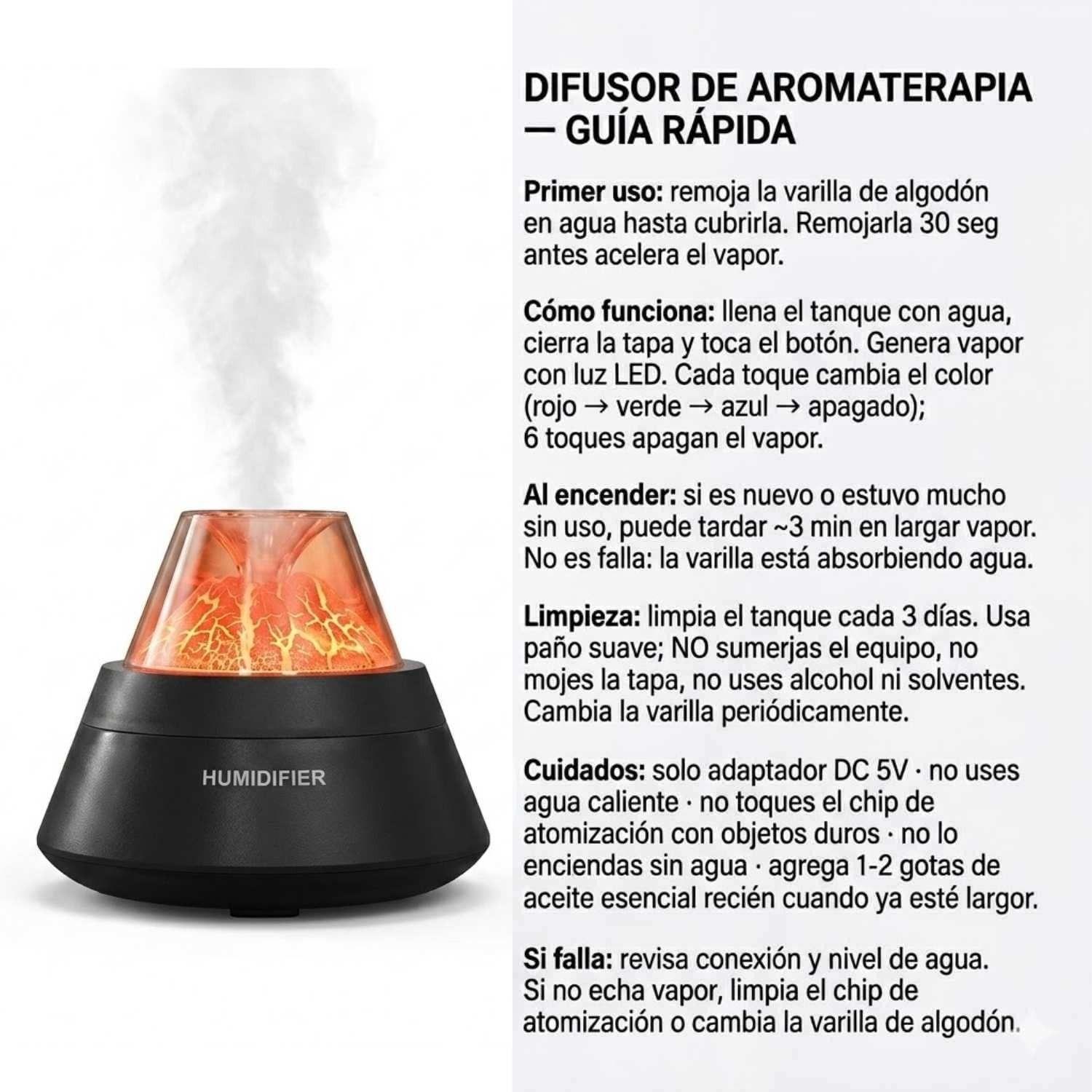 Humidificador Volcan Silencioso 250mL Aromatico Hogar Negro-7