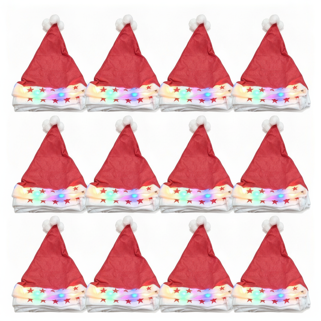 Set 12 Gorros Navideños con Luces Led Viejito Pascuero Rojo-0