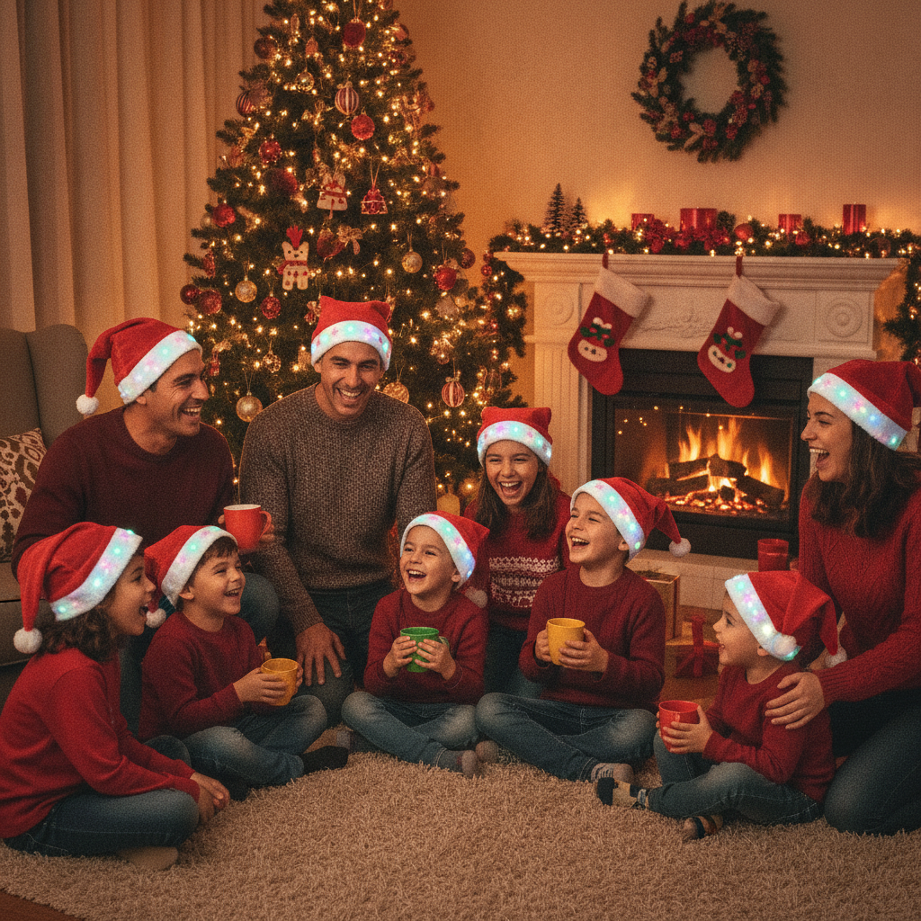 Set 12 Gorros Navideños con Luces Led Viejito Pascuero Rojo-1