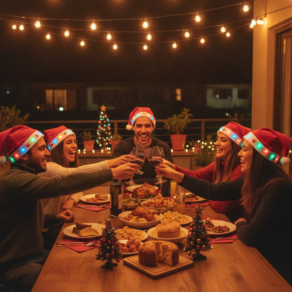 Set 12 Gorros Navideños con Luces Led Viejito Pascuero Rojo-3