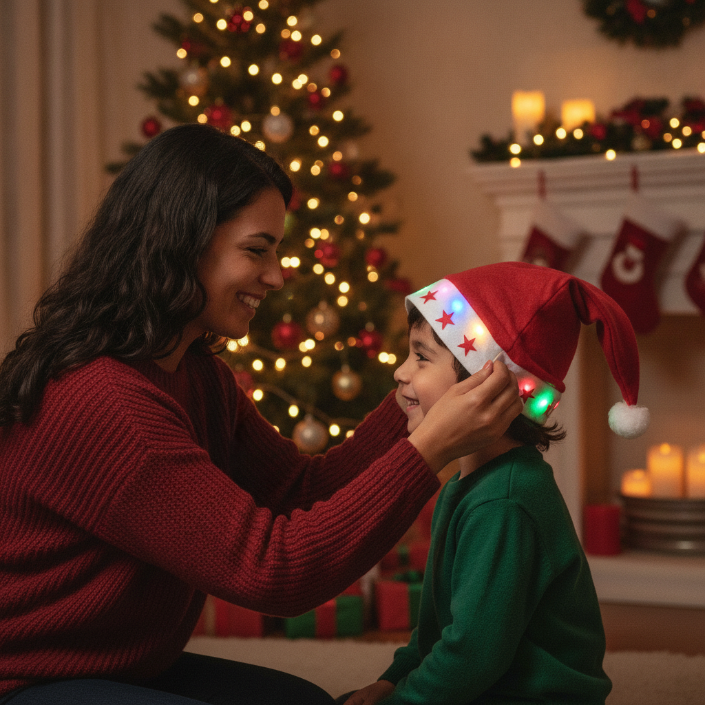 Set 12 Gorros Navideños con Luces Led Viejito Pascuero Rojo-5