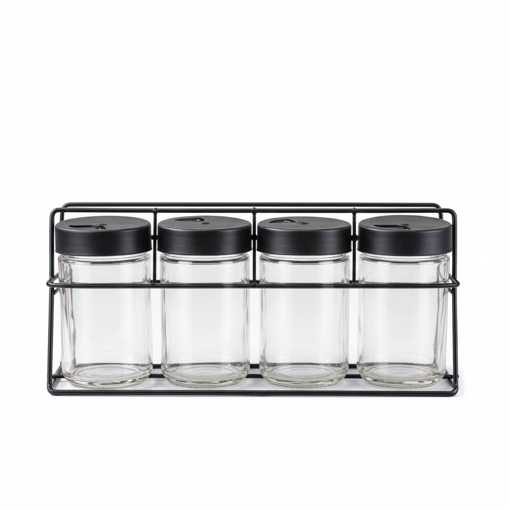 Set Especieros 4 Frascos Vidrio Base Acero Inoxidable Cocina-0