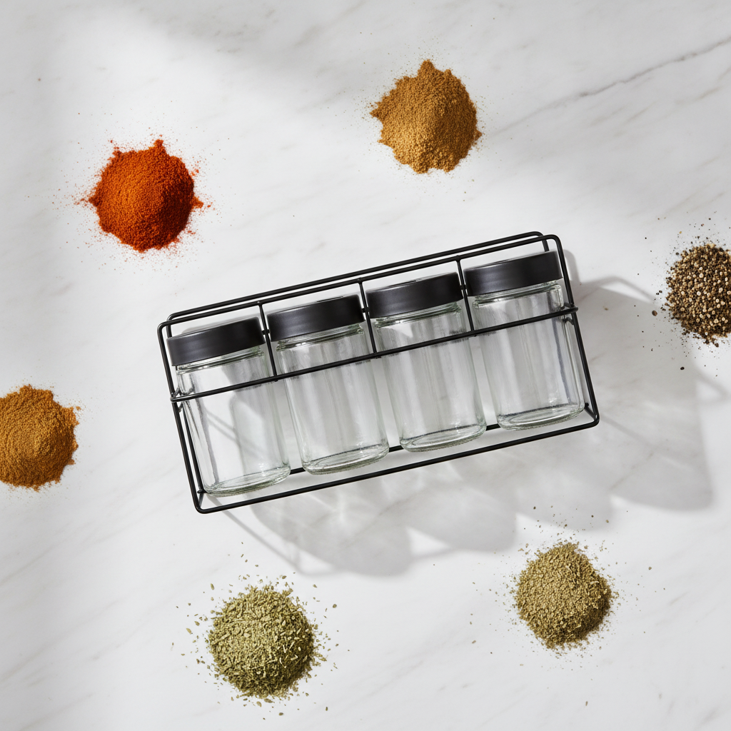 Set Especieros 4 Frascos Vidrio Base Acero Inoxidable Cocina-5