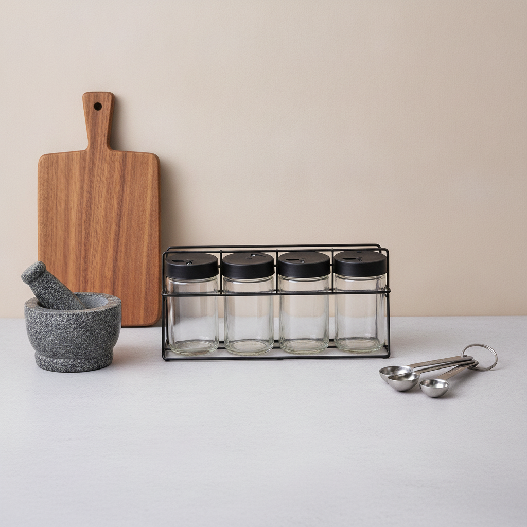 Set Especieros 4 Frascos Vidrio Base Acero Inoxidable Cocina-6