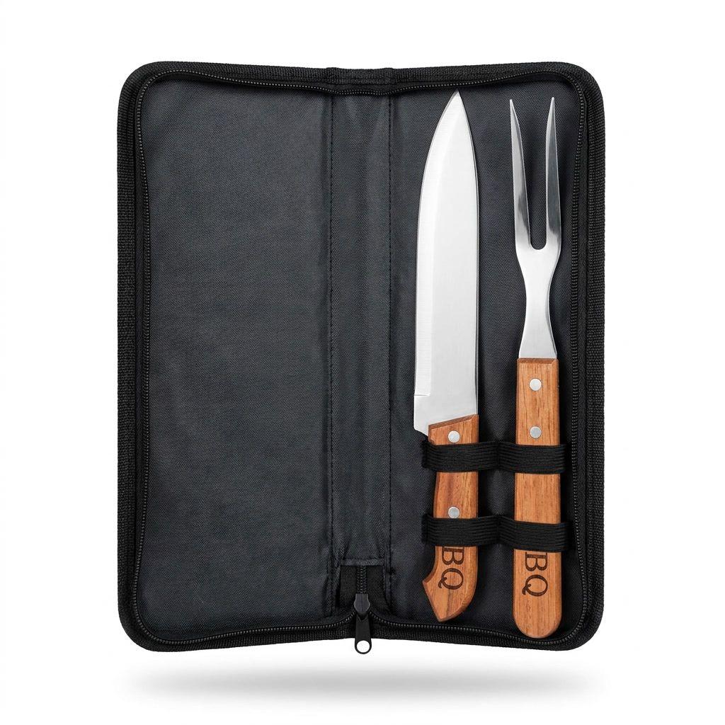 Set Parrillero Cuchillo Pincho Mango Madera Con Estuche-0
