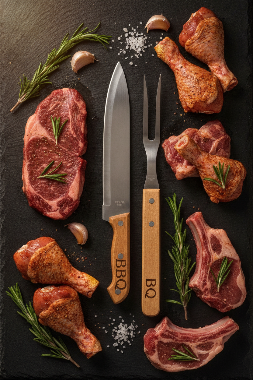 Set Parrillero Cuchillo Pincho Mango Madera Con Estuche-5