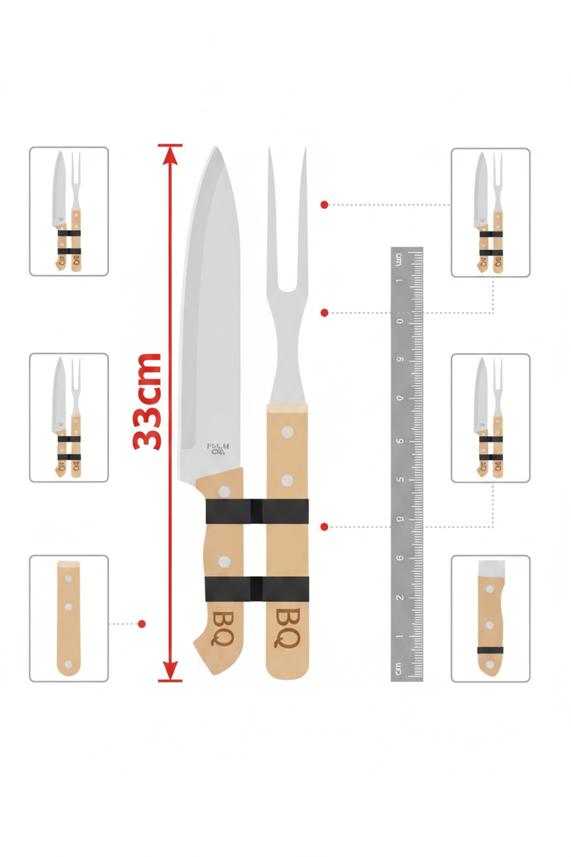 Set Parrillero Cuchillo Pincho Mango Madera Con Estuche-6