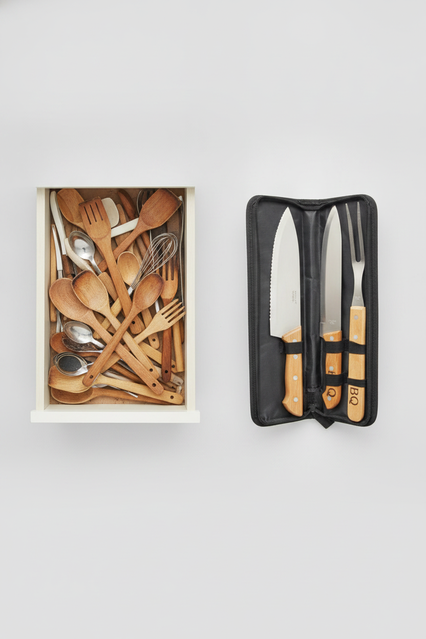 Set Parrillero Cuchillo Pincho Mango Madera Con Estuche-7