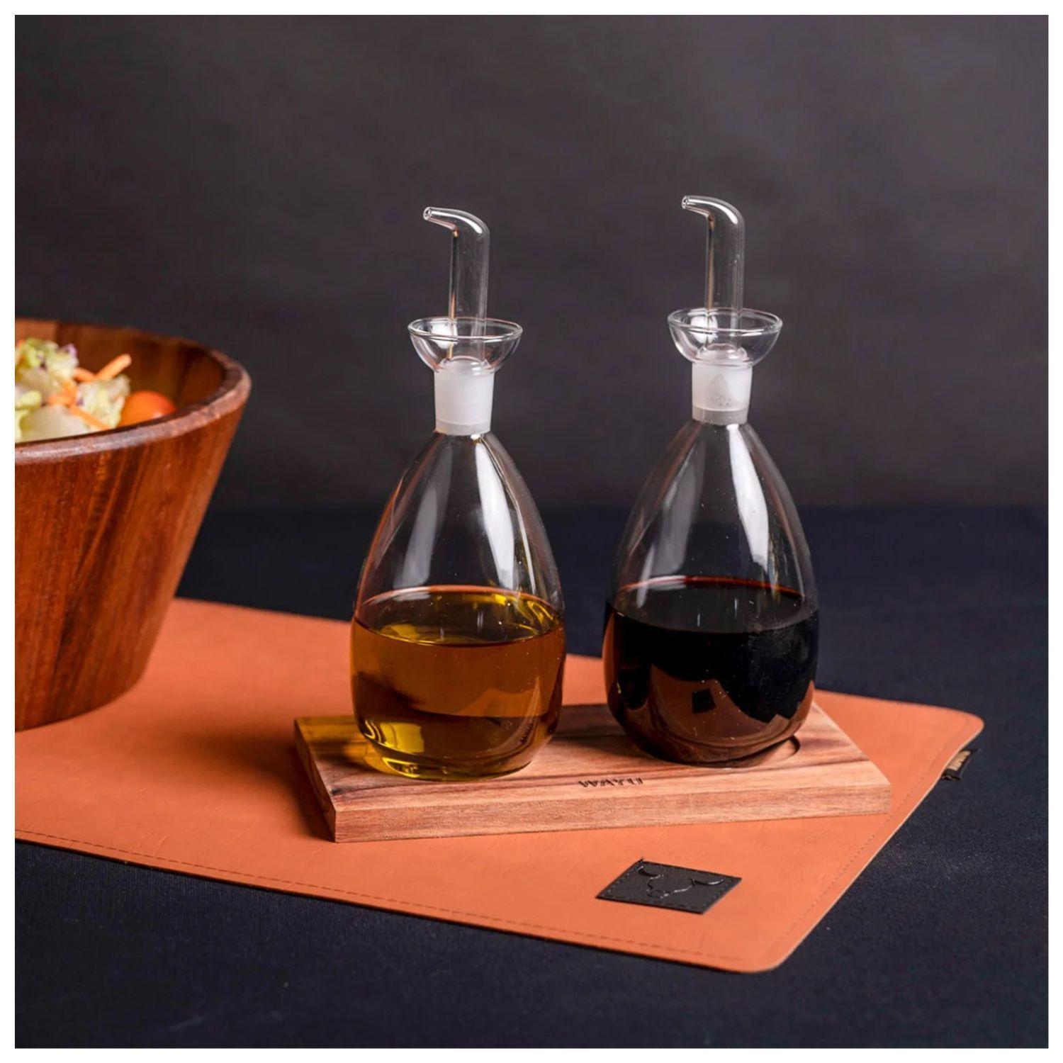 Set 2 Alcuza Vidrio Con Base Madera Wayu Cocina Accesorios-2