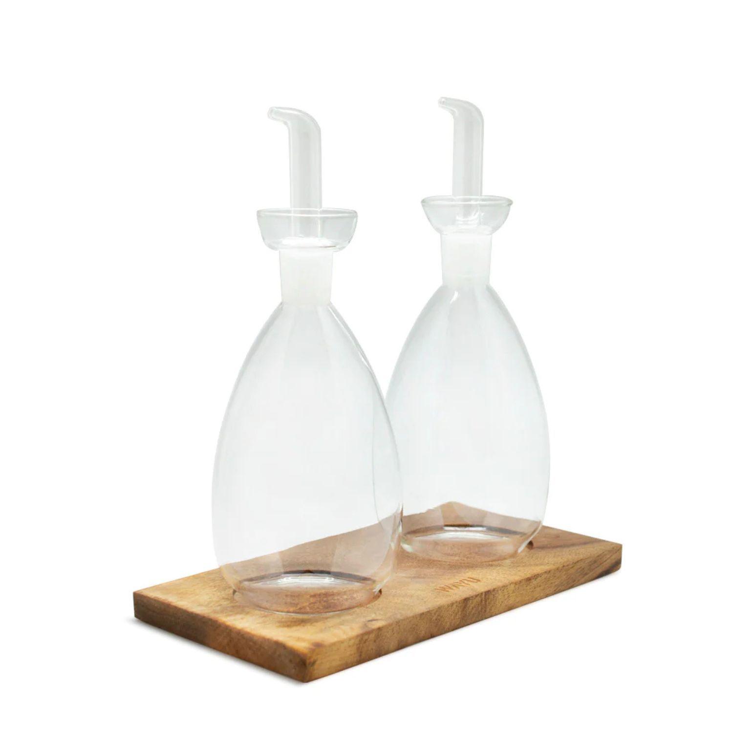 Set 2 Alcuza Vidrio Con Base Madera Wayu Cocina Accesorios-3