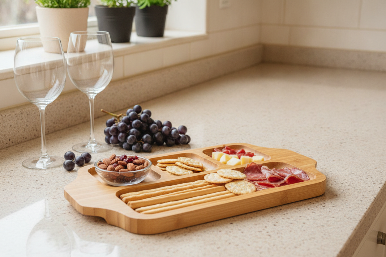 Tabla Picoteo Madera Bambú 4 Compartimentos Aperitivo Quesos-2