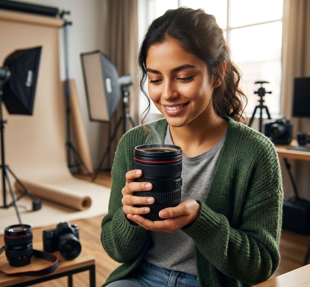 Taza Mug Lente Cámara Fotográfica 350ml Negro Portalapices-3