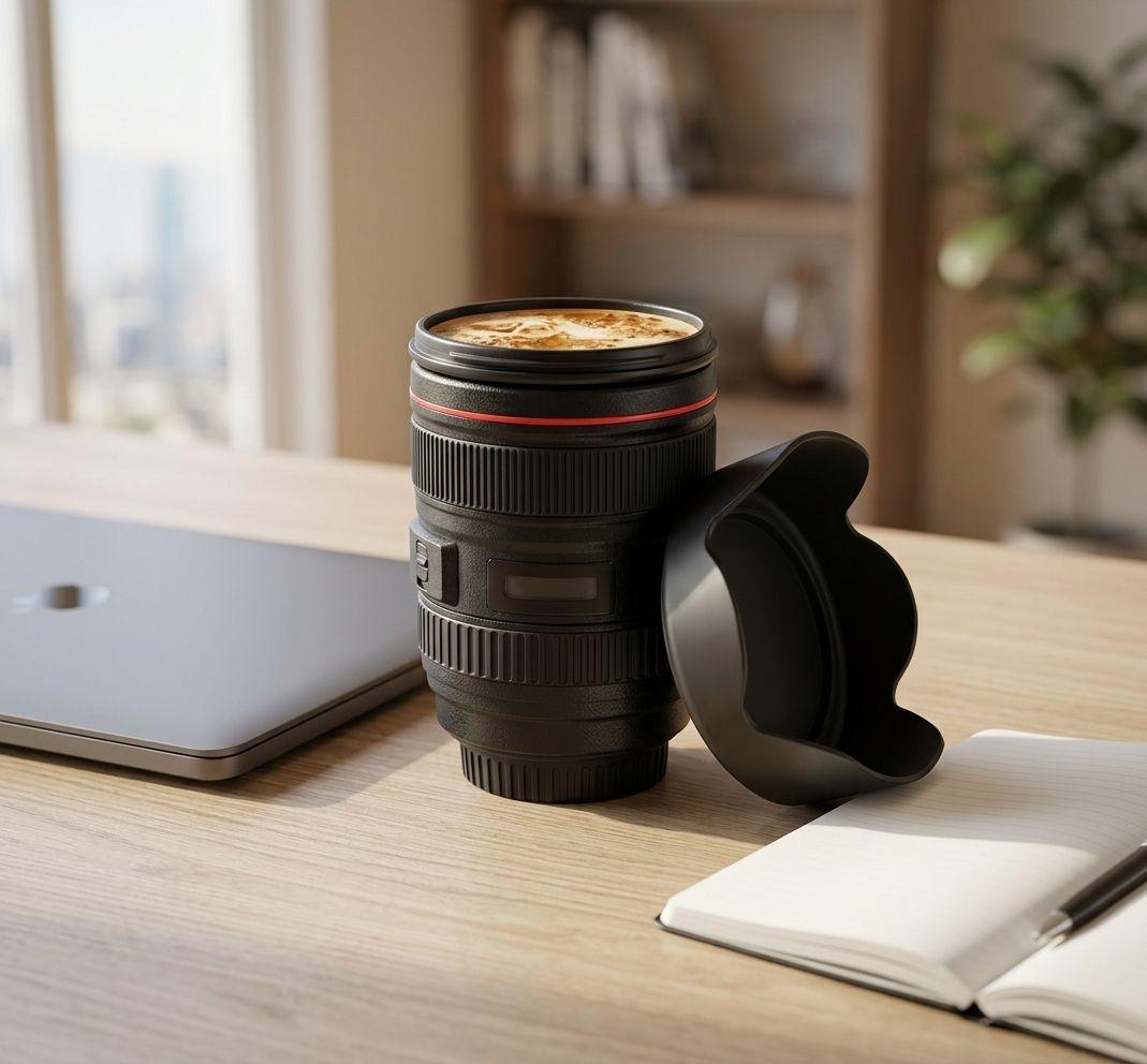 Taza Mug Lente Cámara Fotográfica 350ml Negro Portalapices-4