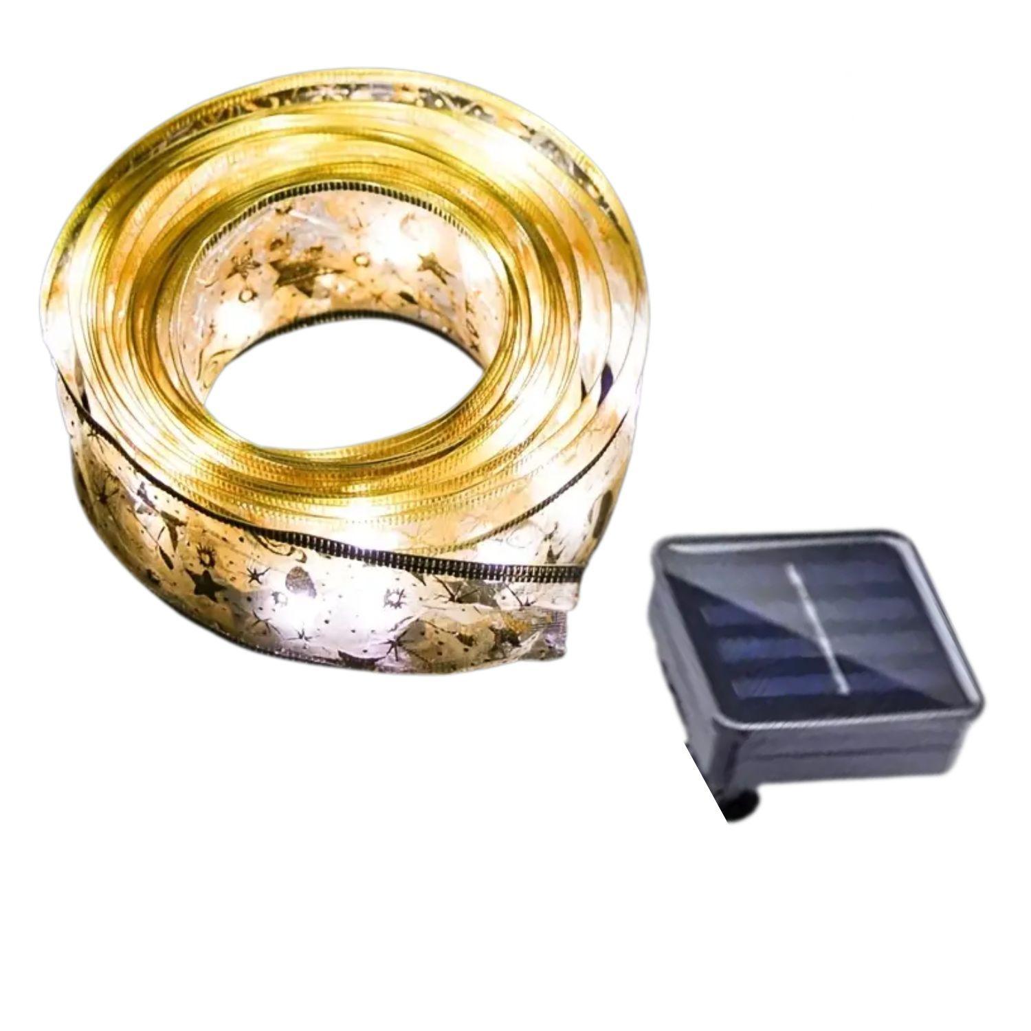 Cinta De Navidad Dorada Solar Con Luces Led Calida 10m-0