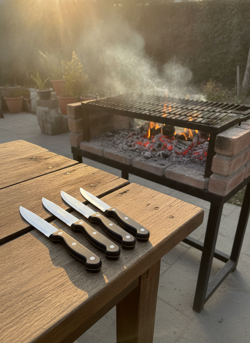 Set 4 Cuchillos Sierra Asado Parrilla Mango Negro Camping-3