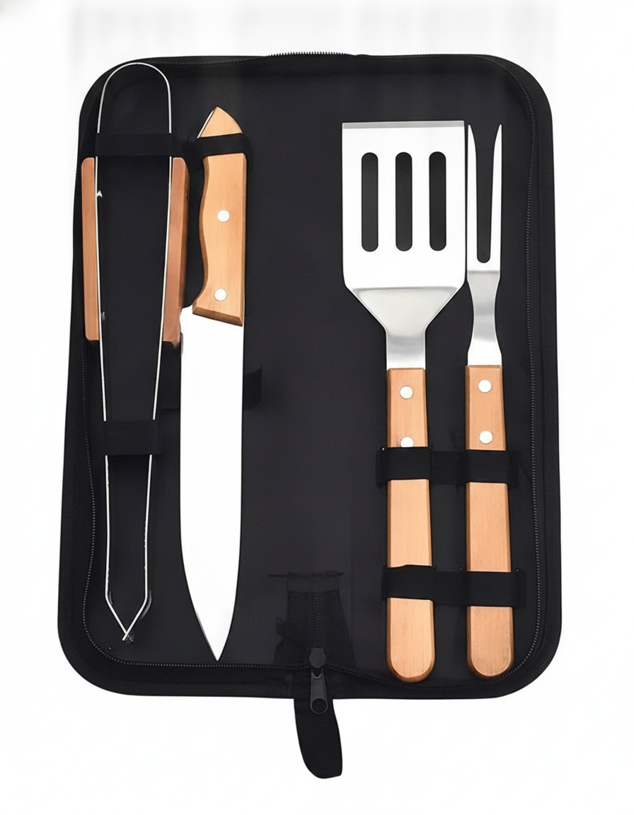 Set Parrillero 4 Piezas Acero Inox Mango Madera + Estuche-0