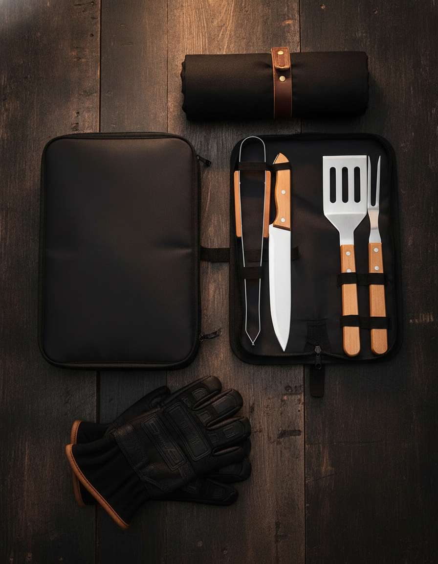 Set Parrillero 4 Piezas Acero Inox Mango Madera + Estuche-5